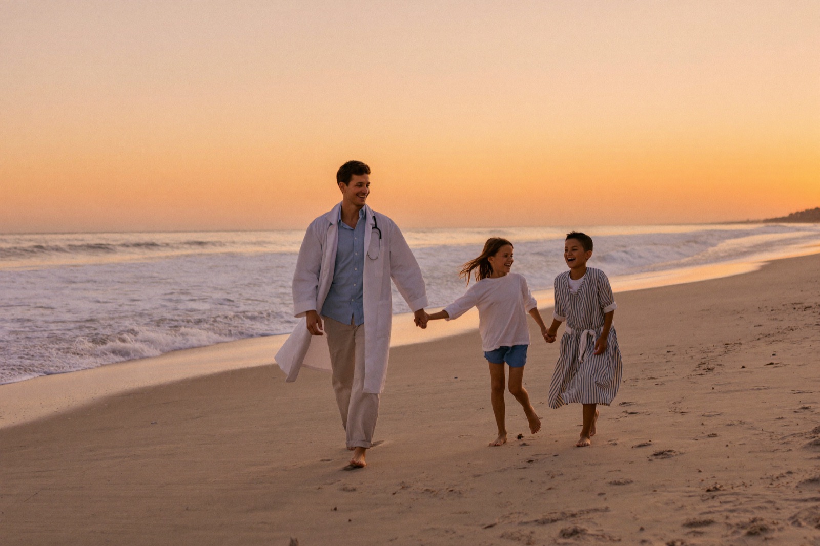 A doctor walking with their children on an Australian beach at golden hour