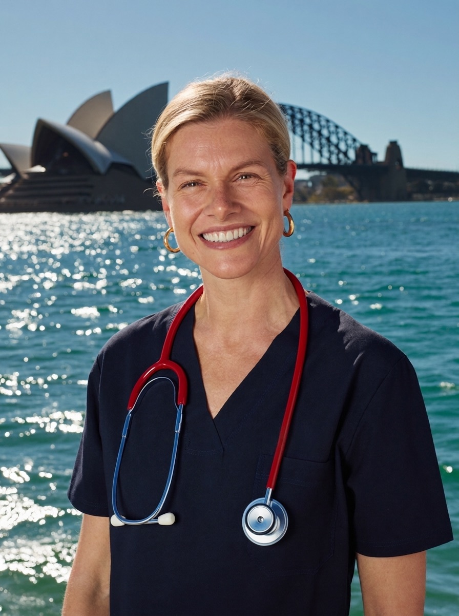 An overseas-trained GP at Sydney Harbour, with the Opera House behind her